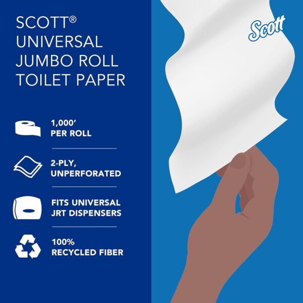 Scott Jumbo Roll Bulk Toilet Paper -100% Recycled Fiber High-Capacity Jumbo Roll Bulk Toilet Paper (67805), 2-Ply, White, Non-Perforated (12 Rolls at 1,000' Each, 12,000'/Case) - Image 5