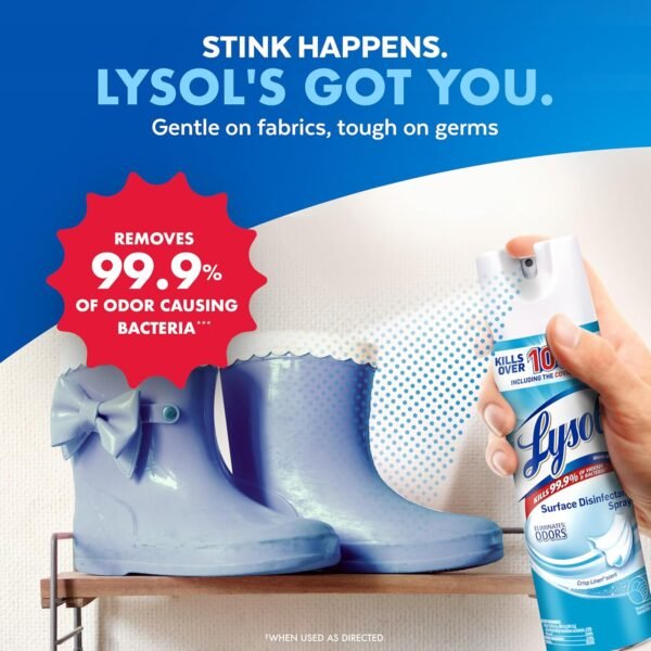 Lysol Disinfectant Spray, Household Essential Cleaning Supplies, Multi-Purpose Room Spray, Antibacterial and Sanitizer Spray, Upholstery Deodorizer, Home and Bathroom,Crisp Linen,12.5 fl oz(pack of 1) - Image 4