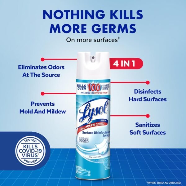 Lysol Disinfectant Spray, Household Essential Cleaning Supplies, Multi-Purpose Room Spray, Antibacterial and Sanitizer Spray, Upholstery Deodorizer, Home and Bathroom,Crisp Linen,12.5 fl oz(pack of 1) - Image 3